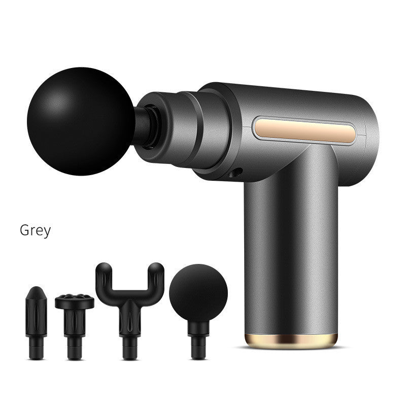 Gray cordless percussion massage gun with four interchangeable massage heads displayed on a white background, featuring a portable ergonomic design for muscle massage, post-workout recovery, and everyday relaxation.