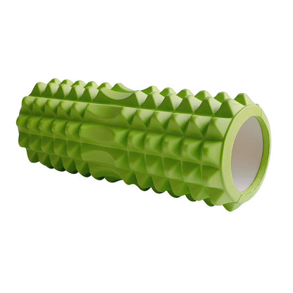 Green high-density textured foam roller with a multi-zone massage surface, designed for muscle massage, stretching, yoga, Pilates, exercise recovery, and fitness training, displayed on a white background.