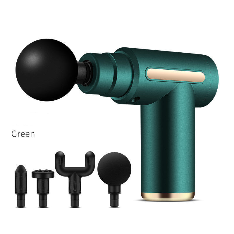 Green cordless percussion massage gun with four interchangeable massage attachments displayed on a white background, featuring an ergonomic handheld design for portable muscle massage, workout recovery, and everyday relaxation.