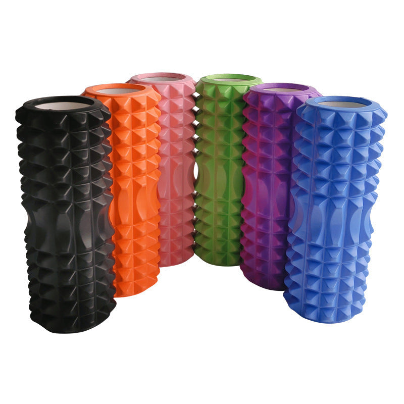 Set of high-density textured foam rollers in black, orange, pink, green, purple, and blue, designed for muscle massage, stretching, exercise recovery, yoga, Pilates, and fitness training.