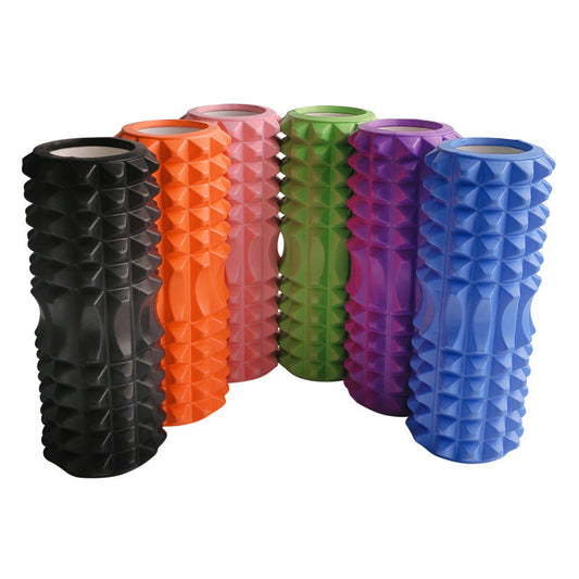 Set of high-density textured foam rollers in black, orange, pink, green, purple, and blue, designed for muscle massage, stretching, exercise recovery, yoga, Pilates, and fitness training.