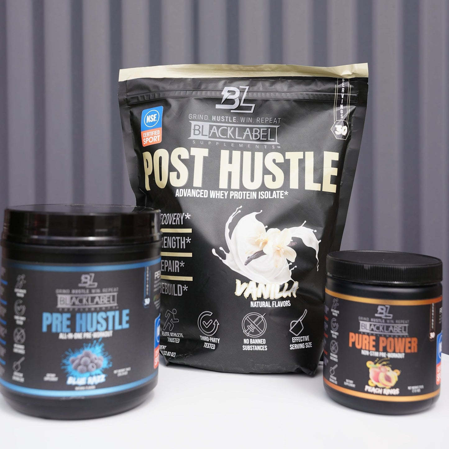 BlackLabel Pre Hustle, Post Hustle, and Pure Power products on a gray background