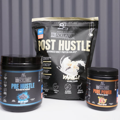 BlackLabel Pre Hustle, Post Hustle, and Pure Power products on a gray background