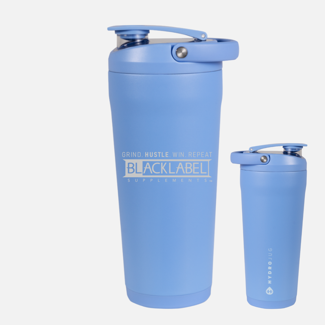 Front and back views of a light blue 24 oz insulated stainless steel shaker bottle with BLACKLABEL Supplements logo, secure flip lid, and built-in carry handle on a white background.