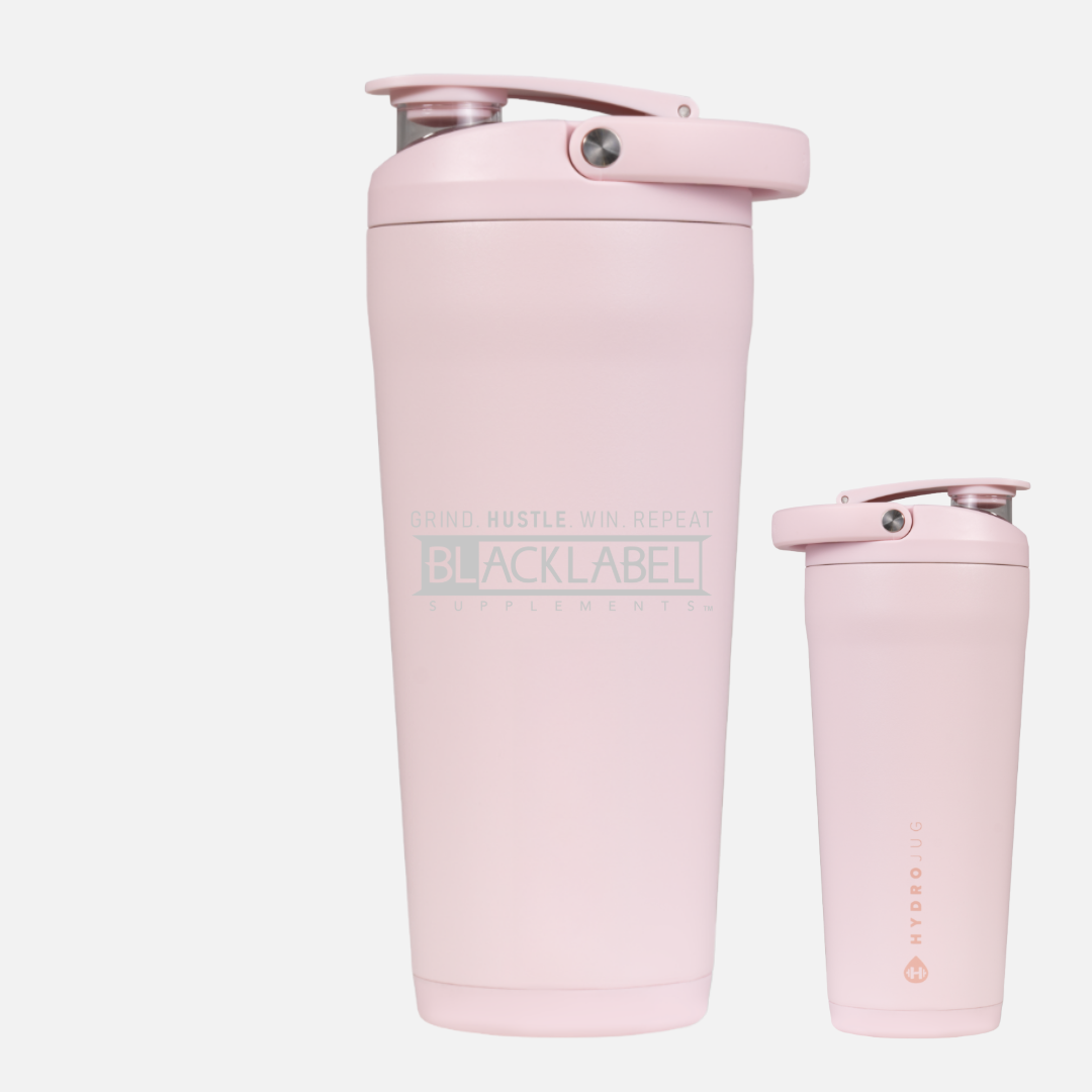Front and back views of a light pink 24 oz insulated stainless steel shaker bottle with BLACKLABEL Supplements logo, secure flip lid, and built-in carry handle on a white background.