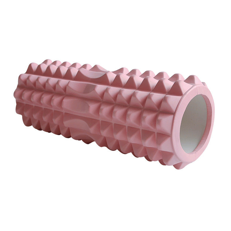 Light pink high-density textured foam roller with a multi-zone massage surface, designed for muscle massage, stretching, yoga, Pilates, exercise recovery, and fitness training, displayed on a white background.