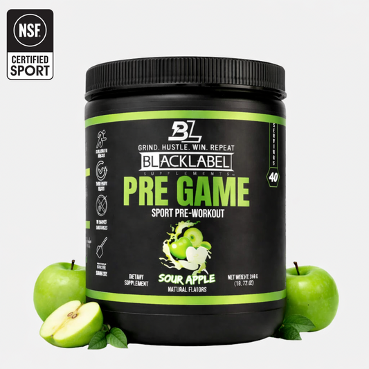 Container of BLACKLABEL Pre Game Sour Apple pre-workout powder with NSF Certified for Sport logo and fresh green apples displayed on a white background.