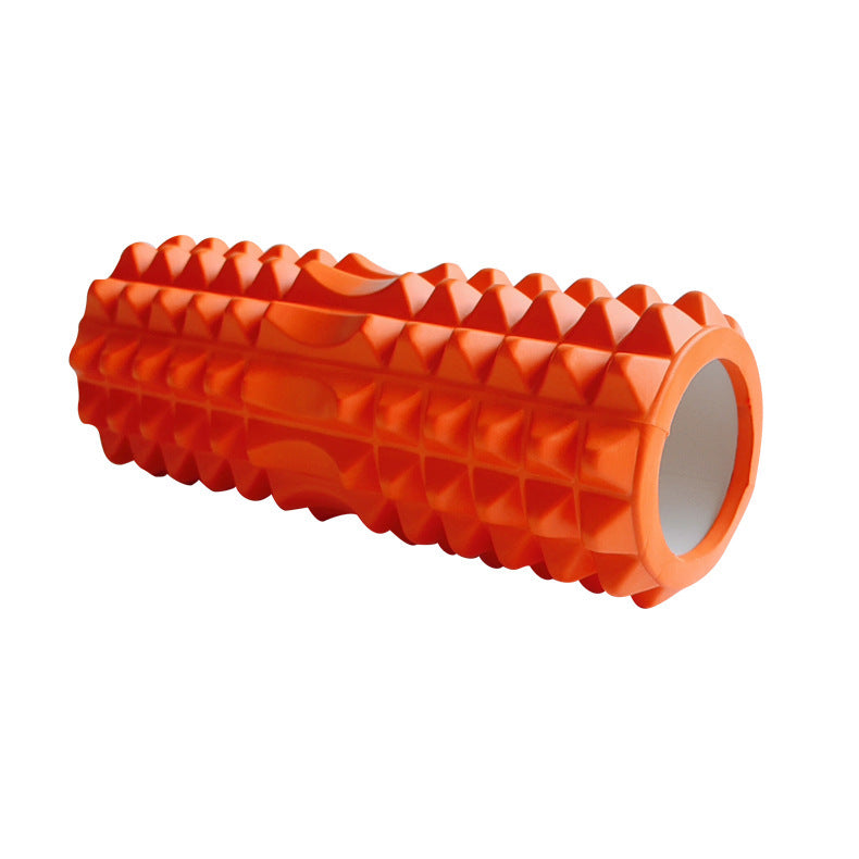 Orange high-density textured foam roller with a multi-zone massage surface, designed for muscle massage, stretching, yoga, Pilates, exercise recovery, and fitness training, displayed on a white background.
