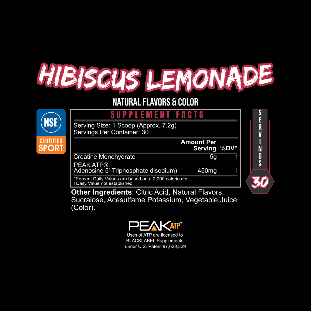 Supplement label for Peak ATP Hibiscus Lemonade on a black background