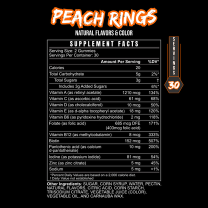 Supplement Facts panel for BlackLabel Multi-Gummy Daily Vitamins in Peach Rings flavor, displaying serving size, vitamin and mineral content, ingredients, and nutritional information on a black background.
