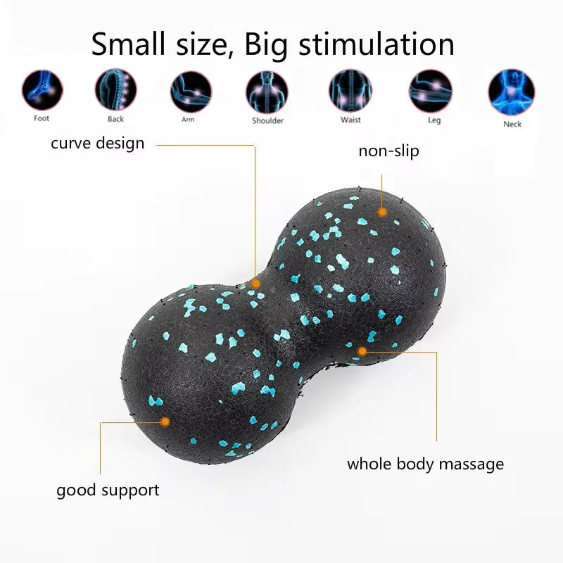 Black peanut-shaped massage ball with blue speckles featuring a curved non-slip design for stretching and mobility exercises