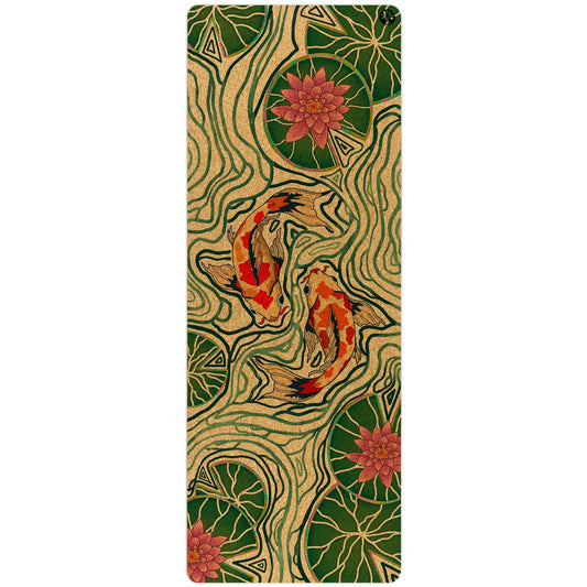 Nature-inspired cork yoga mat featuring colorful koi fish, lotus flowers, and flowing water patterns on a non-slip exercise surface designed for yoga, Pilates, stretching, and fitness routines.