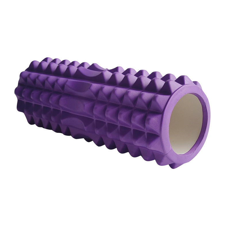 Purple high-density textured foam roller with a multi-zone massage surface, designed for muscle massage, stretching, yoga, Pilates, exercise recovery, and fitness training, displayed on a white background.