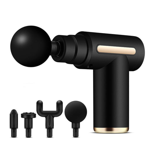 Black rechargeable percussion massage gun with four interchangeable massage heads, ergonomic handle, and compact cordless design displayed on a white background for muscle relaxation and post-workout recovery.