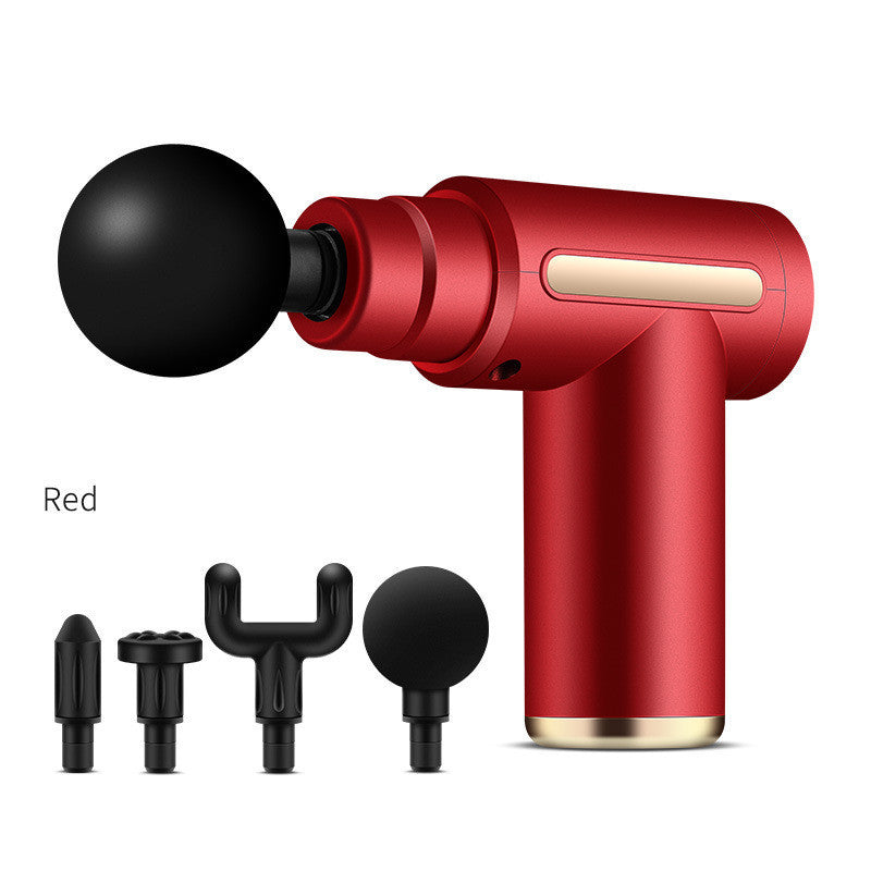 Red cordless percussion massage gun with four interchangeable massage attachments displayed on a white background, featuring an ergonomic handheld design for portable muscle massage, post-workout recovery, and everyday relaxation.