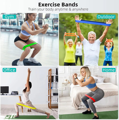 Collage of people using resistance loop bands during workouts at the gym, outdoors, at home, and in an office, demonstrating portable strength training, stretching, mobility, and lower-body exercises.