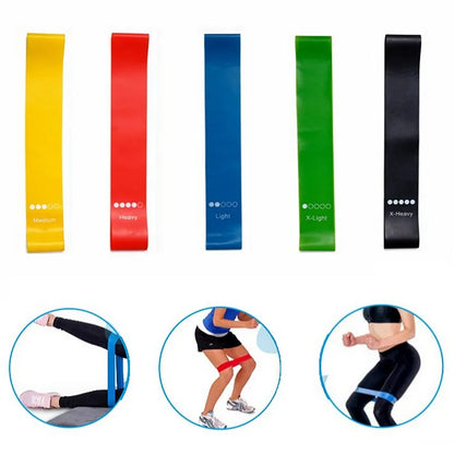 Five color-coded TPE resistance loop bands displayed with example lower-body exercises, including leg extensions, squats, and glute training, for strength training, mobility, stretching, and home fitness workouts.