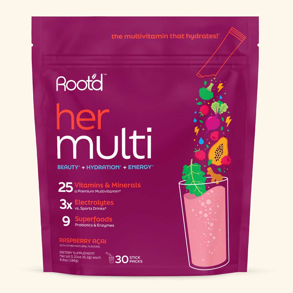 Root'd Her Multi daily hydration and wellness drink mix in Raspberry Açaí flavor with 30 convenient stick packs, featuring vitamins, minerals, electrolytes, superfoods, probiotics, and enzymes in a resealable pouch.