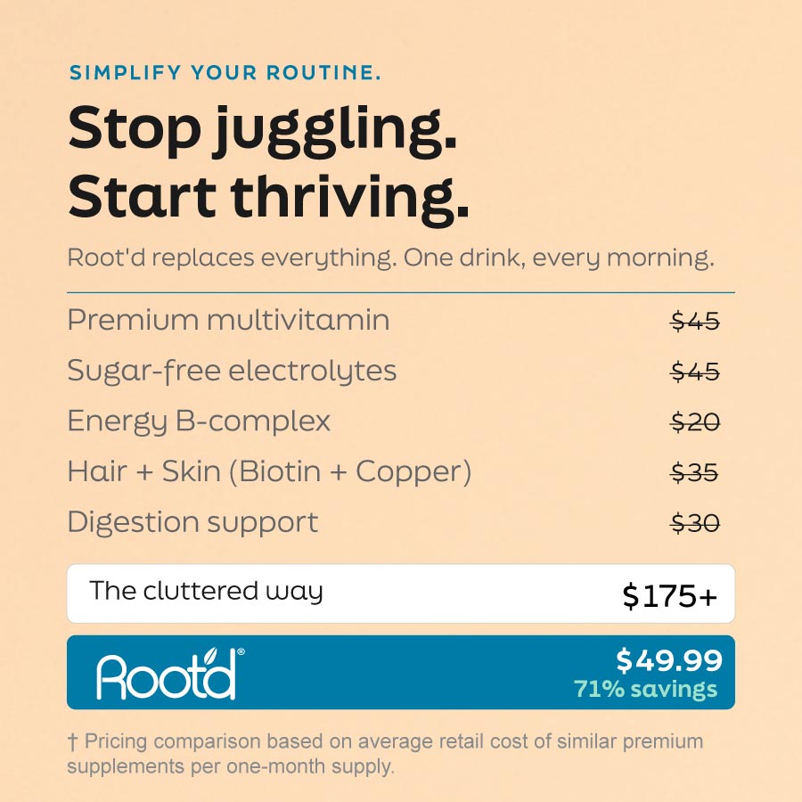 Comparison graphic showing how Root'd Her Multi combines a multivitamin, electrolytes, B-complex vitamins, hair and skin nutrients, and digestive support into one daily wellness drink mix.