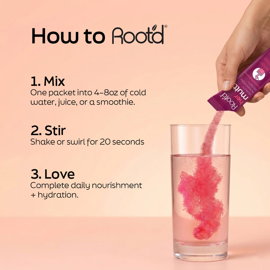 Step-by-step instructions showing how to prepare Root'd Her Multi daily wellness drink mix by mixing one stick pack into water, juice, or a smoothie, stirring for 20 seconds, and enjoying a refreshing beverage.