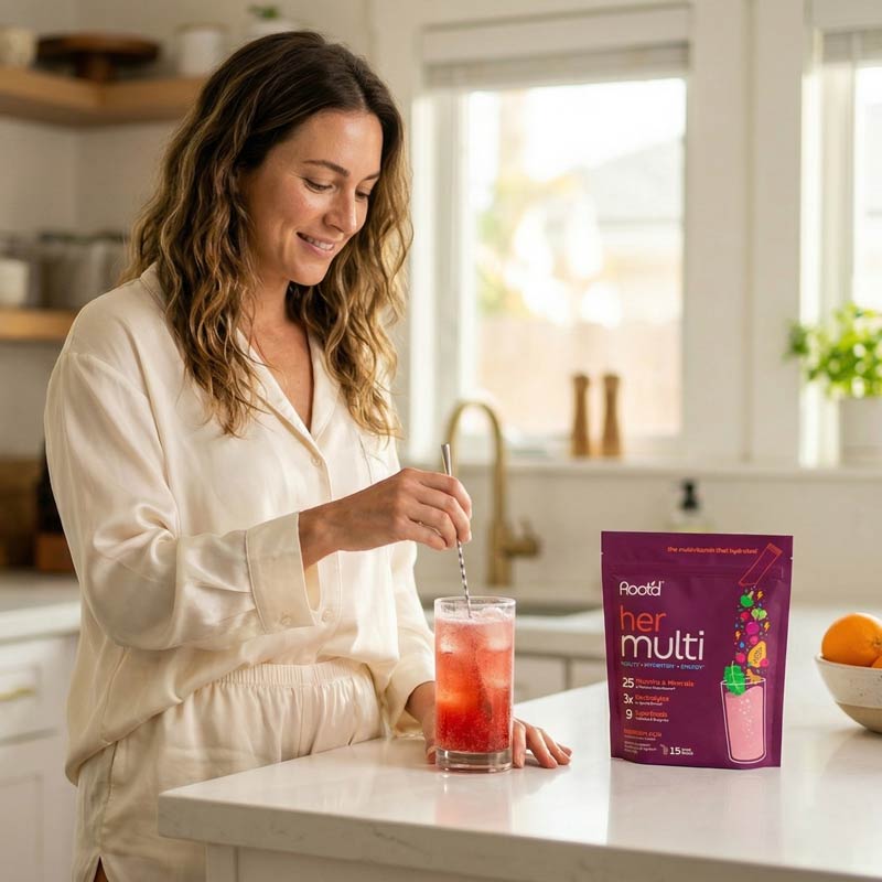 Woman preparing a glass of Root'd Her Multi daily wellness drink mix in a bright kitchen with the product pouch displayed on the countertop, illustrating an easy morning hydration and nutrition routine.