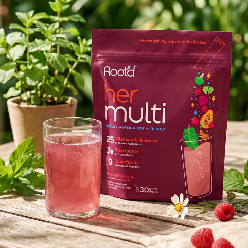 Root'd Her Multi Raspberry Açaí daily wellness drink mix displayed beside a glass of prepared beverage on a wooden table with fresh raspberries, mint leaves, and greenery, showcasing a refreshing hydration and nutrition drink.