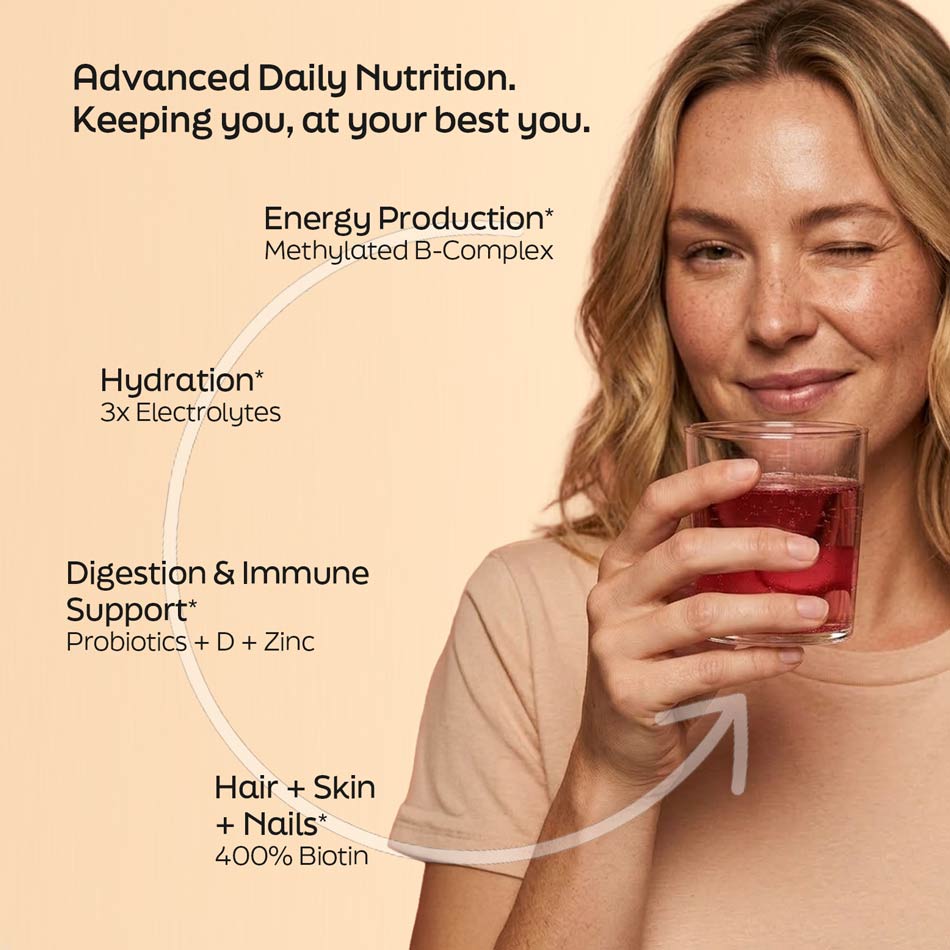 Woman holding a glass of Root'd Her Multi wellness drink alongside highlights of hydration support, energy production, digestive and immune support, and hair, skin, and nail nutrition as part of a daily wellness routine.