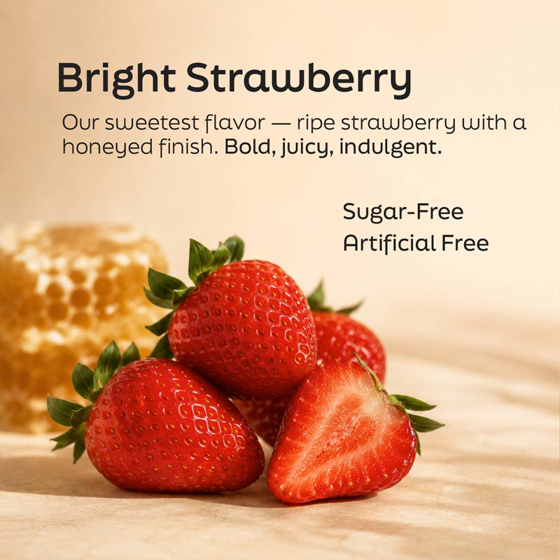 Fresh strawberries with honeycomb highlighting the Bright Strawberry flavor of Root'd His Multi daily wellness drink mix, featuring a sugar-free and artificially flavored-free formula.
