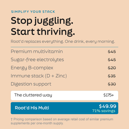 Comparison graphic showing how Root'd His Multi combines a multivitamin, electrolytes, B-complex vitamins, immune-supporting nutrients, and digestive support into one convenient daily wellness drink mix.