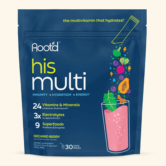oot'd His Multi Orchard Berry daily wellness drink mix in a resealable pouch with 24 vitamins and minerals, electrolytes, probiotics, enzymes, and superfoods, displayed on a white background.