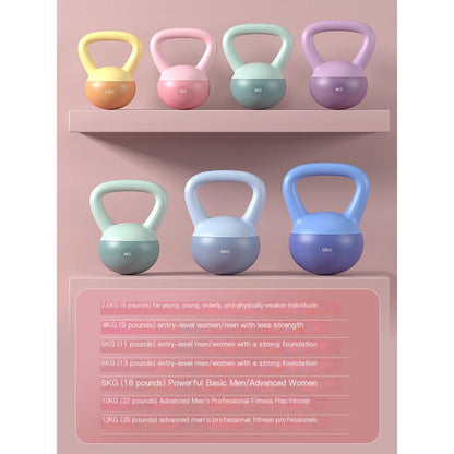 Collection of soft adjustable kettlebells in multiple colors and weight options from 2.5 kg to 12 kg, featuring ergonomic handles for home strength training, functional fitness, cardio workouts, and beginner to advanced exercise routines.