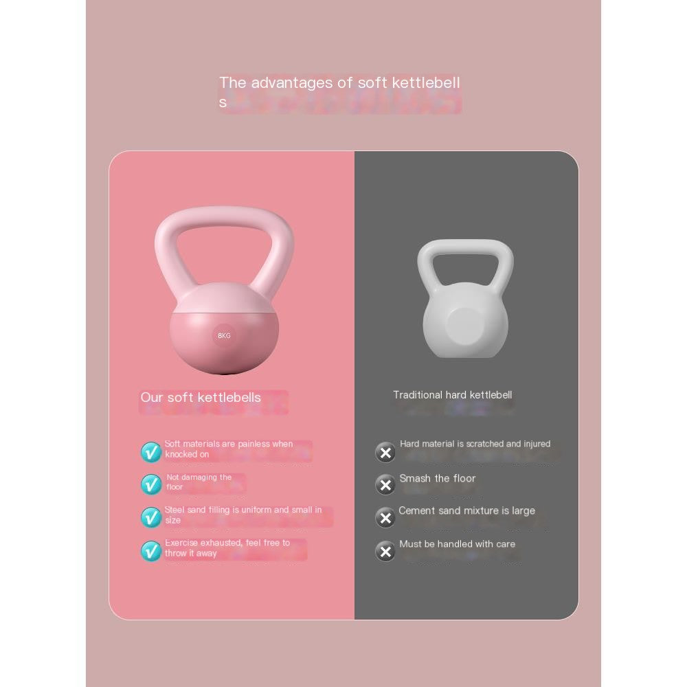 Comparison graphic showing a soft adjustable kettlebell beside a traditional hard kettlebell, highlighting the soft design as a floor-friendly option for home strength training and functional fitness.