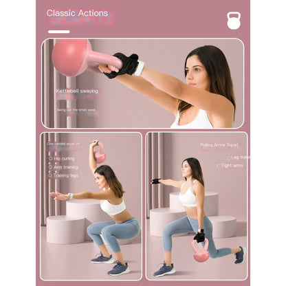 Woman demonstrating kettlebell swing, squat, and lunge exercises with a pink soft adjustable kettlebell, illustrating functional strength training, full-body workouts, and home fitness routines.