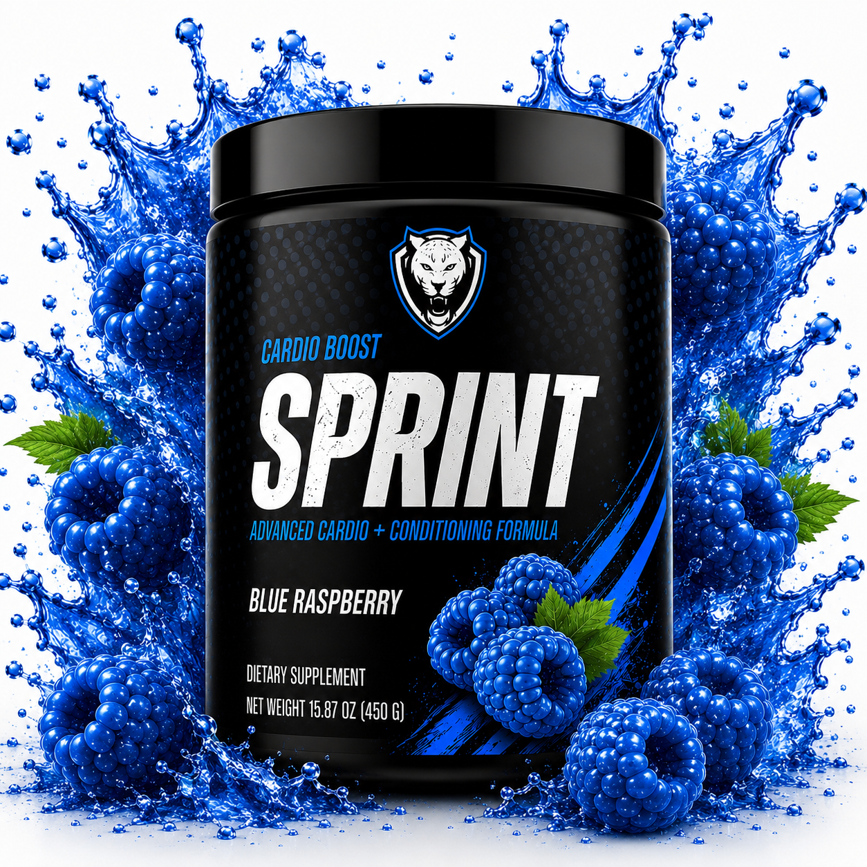 Black container of Sprint Blue Raspberry cardio and conditioning formula with blue raspberry graphics and blue water splash on a white background.