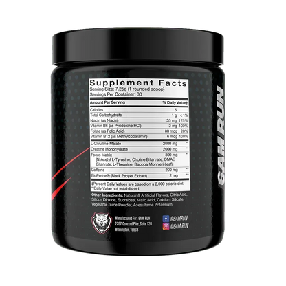 Back label of Sprint cardio and conditioning formula supplement container showing Supplement Facts, ingredients, and usage information on a white background.