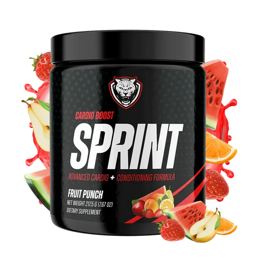 Black container of Sprint Fruit Punch cardio and conditioning formula with watermelon, strawberry, orange, and apple graphics on a white background.