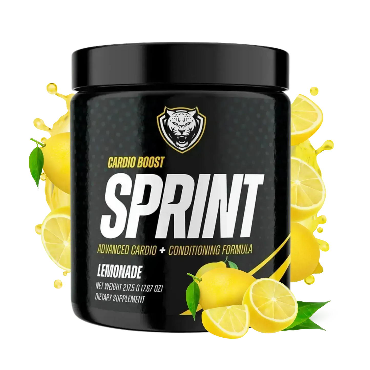 Black container of Sprint Lemonade cardio and conditioning formula with fresh lemon graphics and citrus splash on a white background.