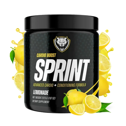 Black container of Sprint Lemonade cardio and conditioning formula with fresh lemon graphics and citrus splash on a white background.