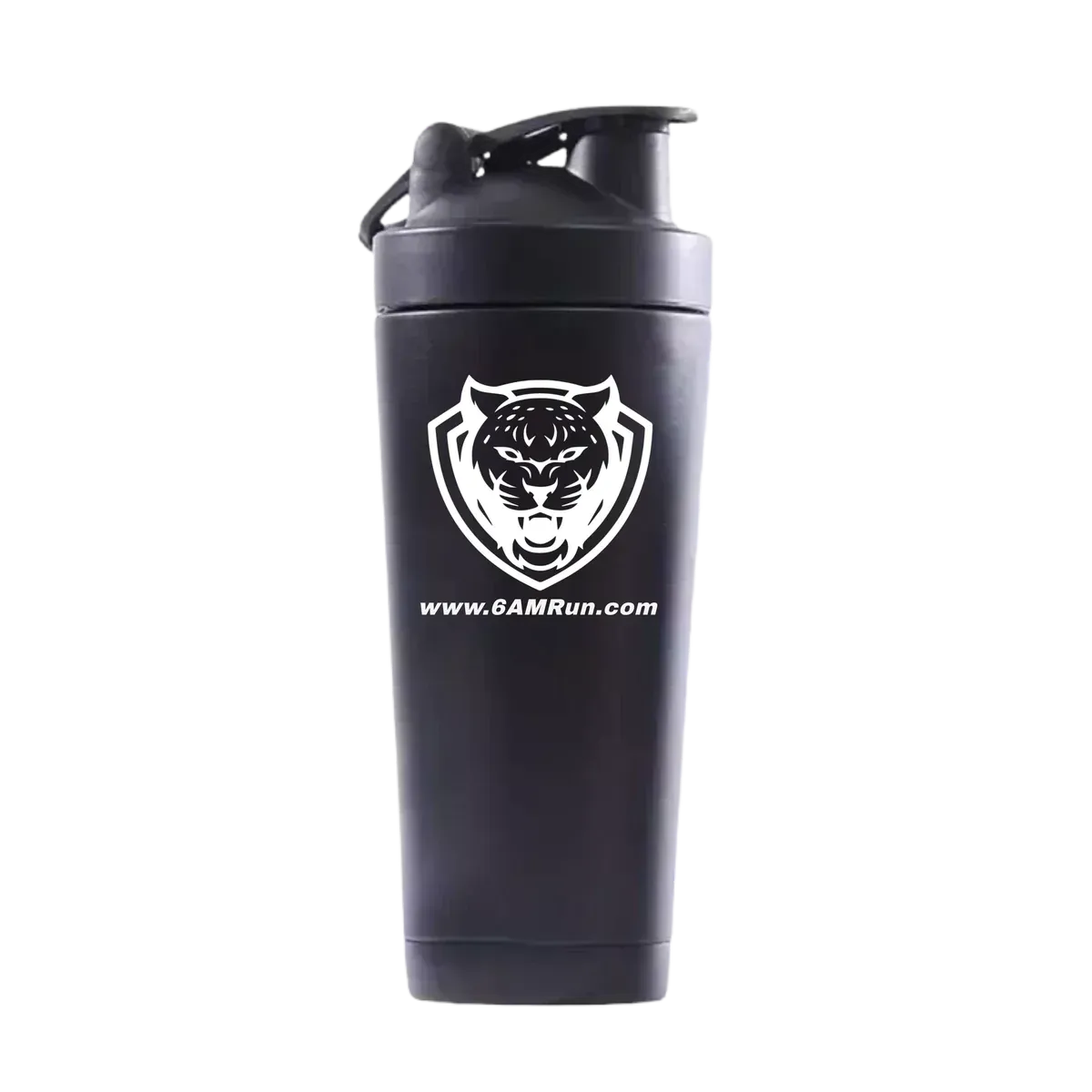 Black 6AMRun stainless steel shaker bottle with a black flip-top lid and carrying loop, featuring the white 6AMRun tiger logo, designed for mixing protein shakes, hydration drinks, meal replacement beverages, and nutritional supplements.