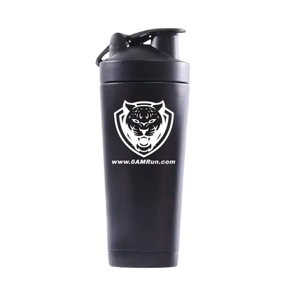 Black 6AMRun stainless steel shaker bottle with a black flip-top lid and carrying loop, featuring the white 6AMRun tiger logo, designed for mixing protein shakes, hydration drinks, meal replacement beverages, and nutritional supplements.