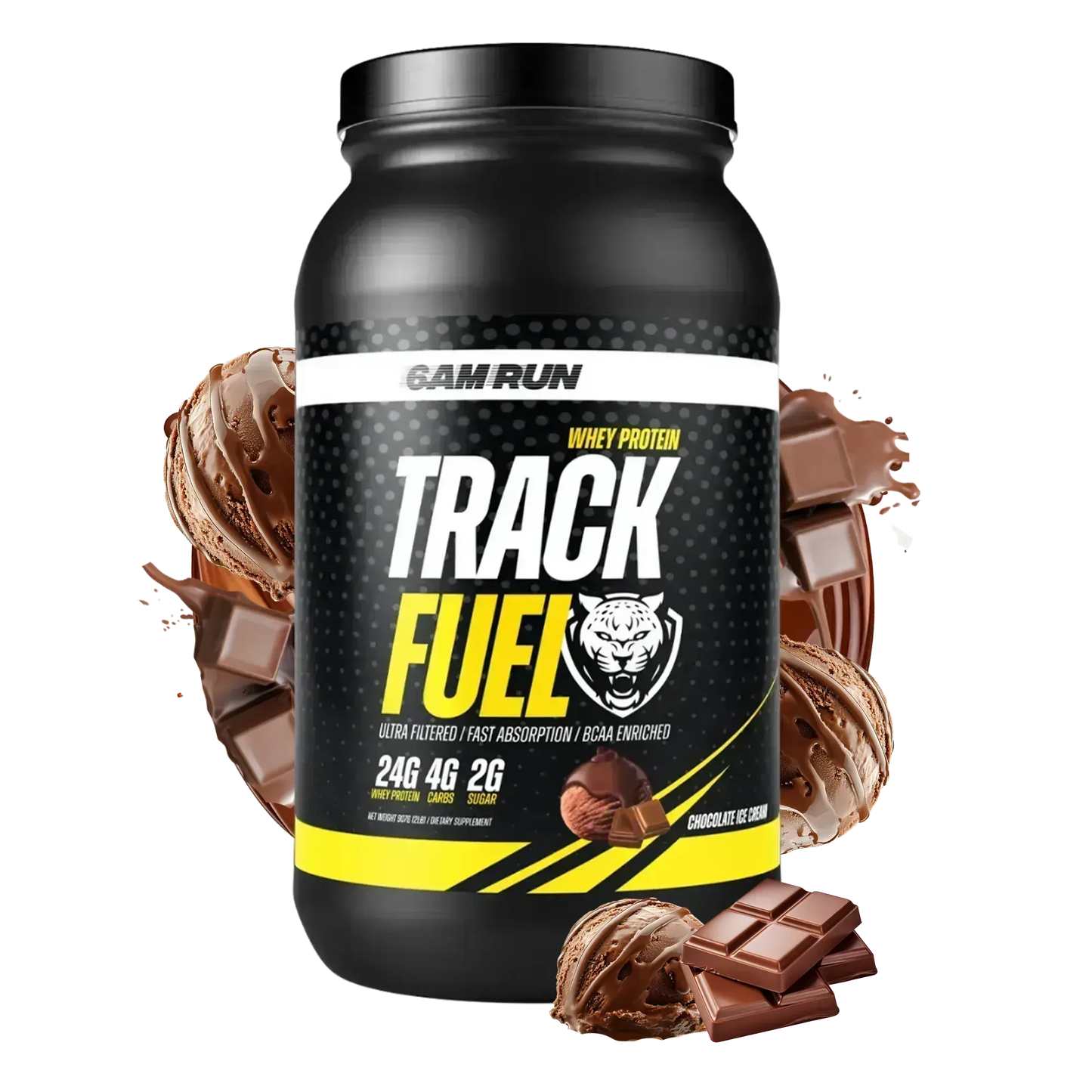 Black TrackFuel whey protein powder container with chocolate flavor graphics, featuring 24g of protein, BCAAs, and digestive enzymes on a white background.
