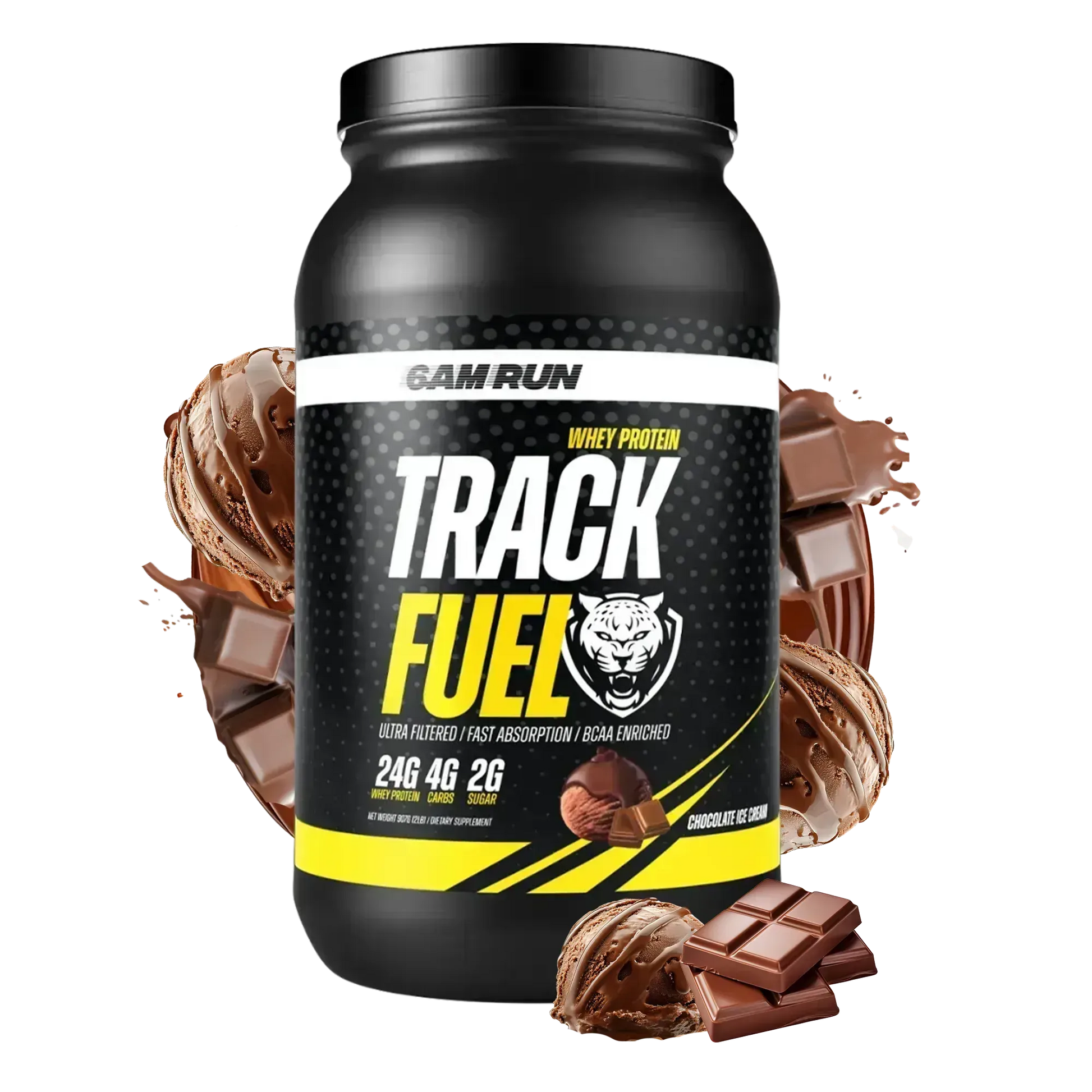 Black TrackFuel whey protein powder container with chocolate flavor graphics, featuring 24g of protein, BCAAs, and digestive enzymes on a white background.