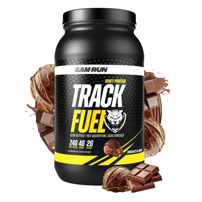 Black TrackFuel whey protein powder container with chocolate flavor graphics, featuring 24g of protein, BCAAs, and digestive enzymes on a white background.