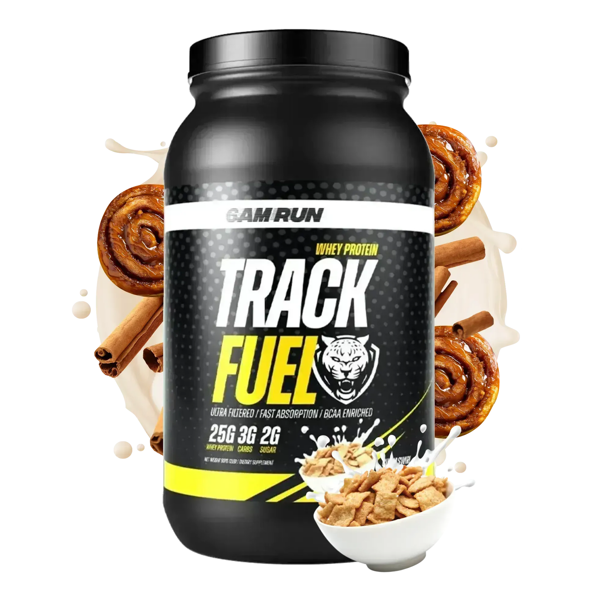 Black TrackFuel whey protein powder container with cinnamon roll and cinnamon cereal graphics, featuring 25g of protein, BCAAs, and digestive enzymes on a white background.