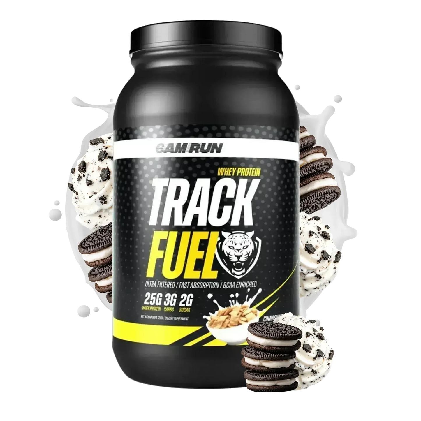 Black TrackFuel whey protein powder container with cookies and cream flavor graphics, providing 25g of protein with BCAAs and digestive enzymes on a white background.