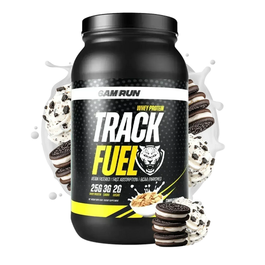 Black TrackFuel whey protein powder container with cookies and cream flavor graphics, providing 25g of protein with BCAAs and digestive enzymes on a white background.