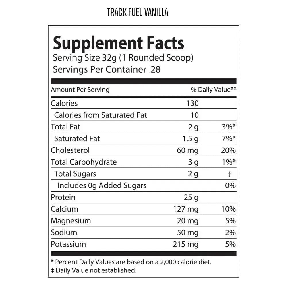 Supplement Facts panel for Track Fuel Vanilla whey protein powder showing serving size, 25g protein per serving, nutrition information, and ingredient details on a white background.