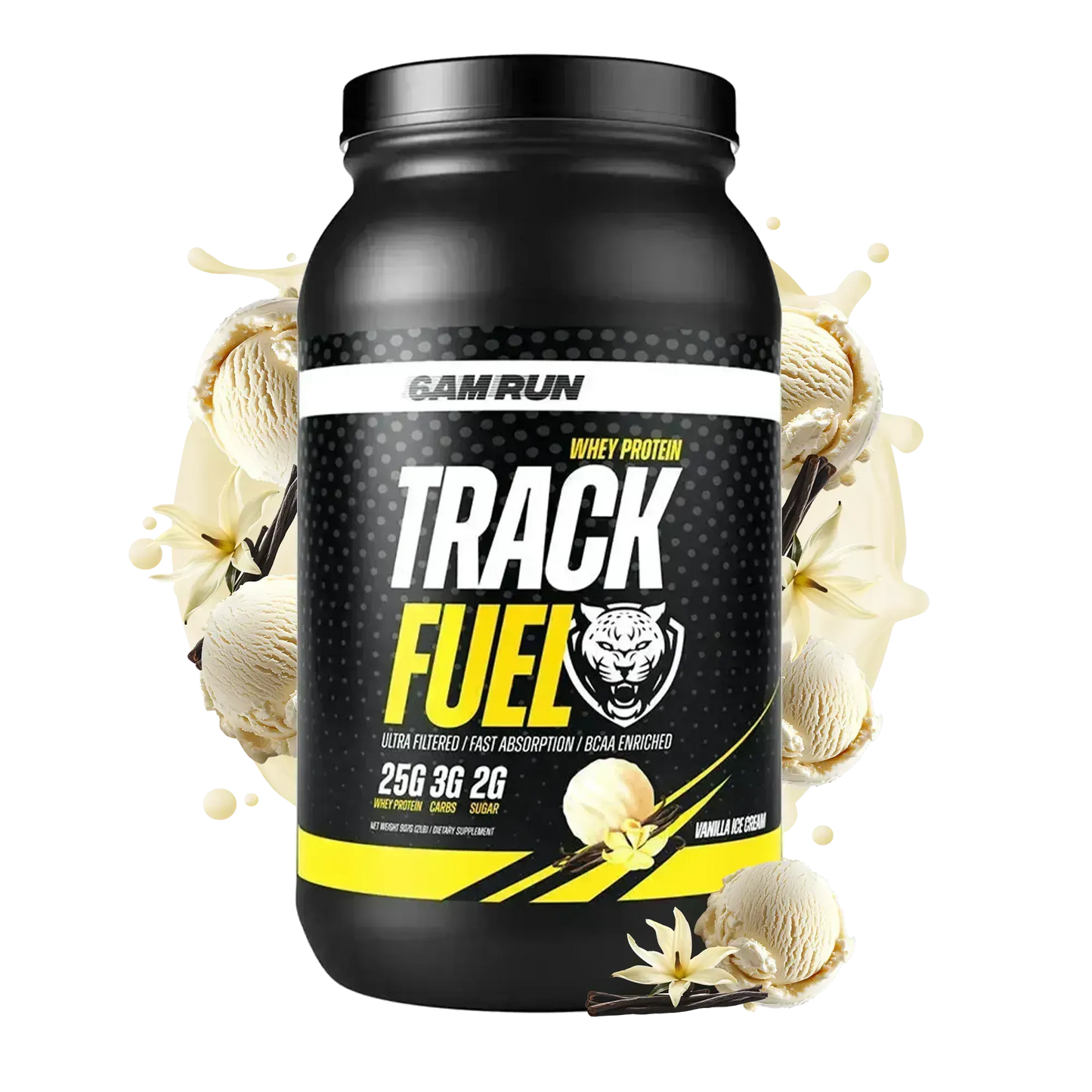 Black TrackFuel whey protein powder container with vanilla ice cream and vanilla bean graphics, featuring 25g of protein, BCAAs, and digestive enzymes on a white background.