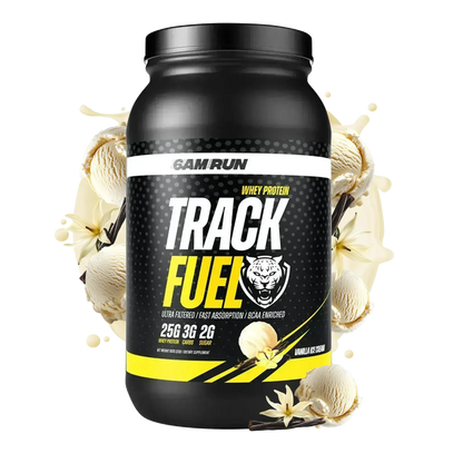 Black TrackFuel whey protein powder container with vanilla ice cream and vanilla bean graphics, featuring 25g of protein, BCAAs, and digestive enzymes on a white background.