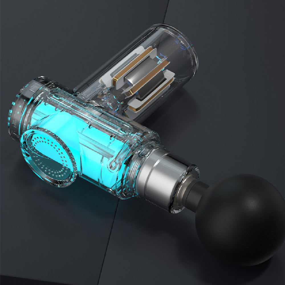 Close-up of a transparent percussion massage gun showcasing the internal motor components with a round ball massage attachment on a dark background, highlighting the cordless handheld design and engineering details.